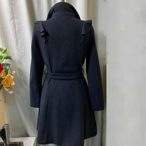 PORTMANS Wool blend Black Ruffle Belt Winter Coat - Picture 3 of 8